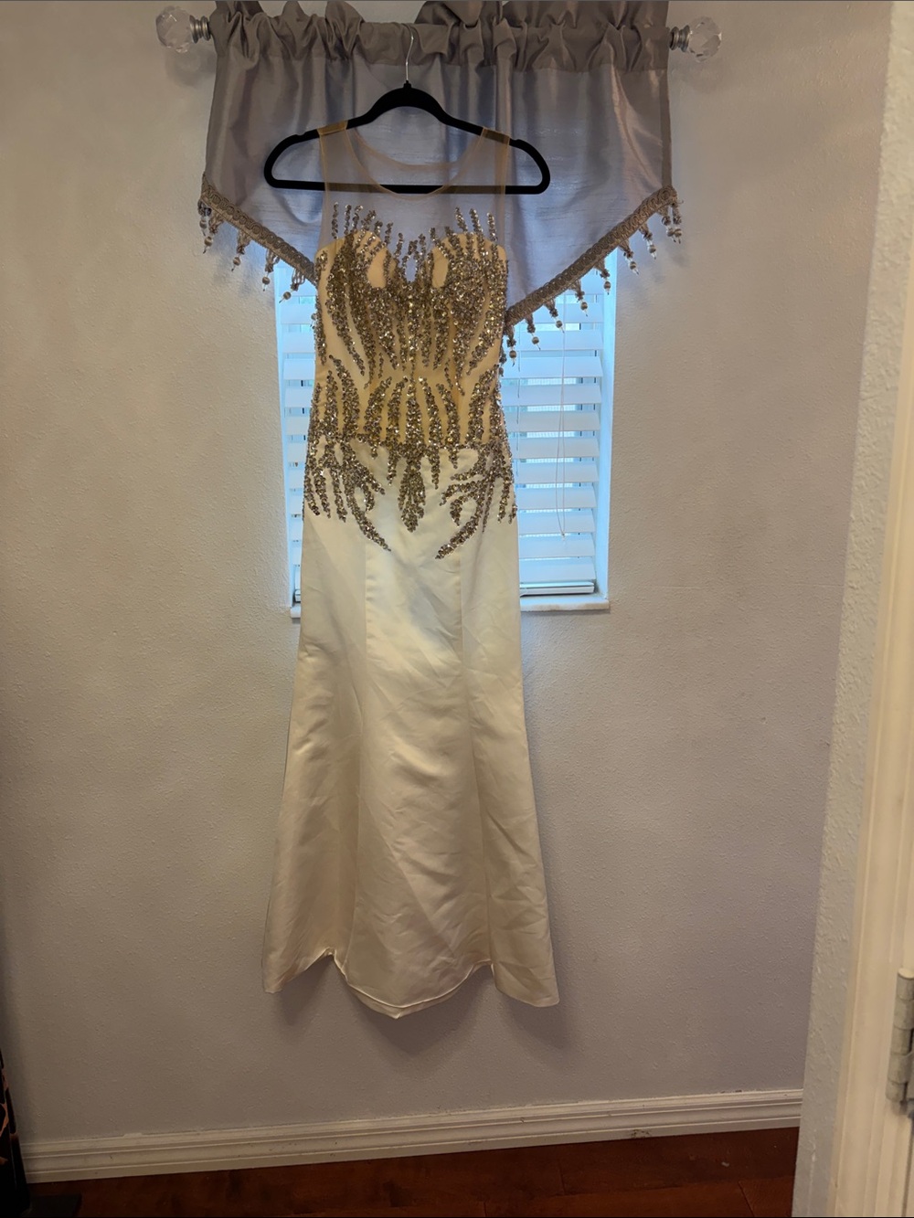 Gold Sequin Bodice White Satin Evening Dress